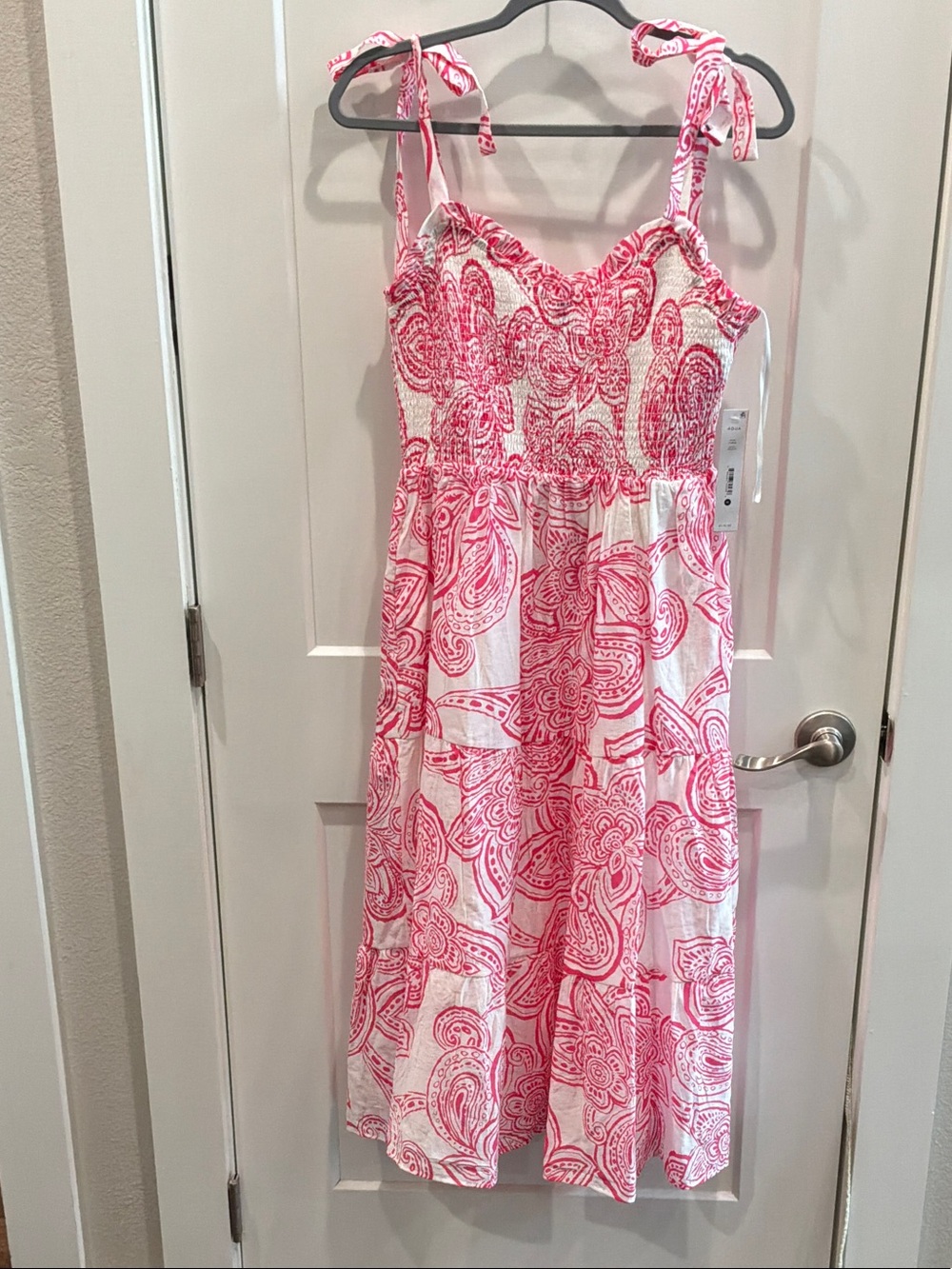 NWT Aqua Medium White Dress Pink Paisley Tie-Straps Midi Lined Pockets Reg 118